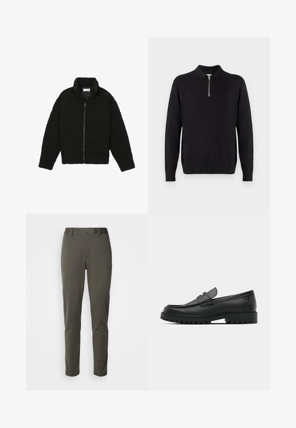 Must, kohev lukuga jope, valmistatud tekstureeritud fliiskangast. Omadusteks kõrge krae ja küljetaskud. Ristkülikukujuline keha pikkade varrukatega.; Must mustriga mustri, millel on lukuga kaelus, pikad varrukad, soonikkoesed ja ääred, valmistatud pehmest ja sujuvast kangast.; Olive roheline püksid, mis on valmistatud venivast kangast, nööbiga vöörihm, slim fit ja sirged sääred, ilma mustrite või silmapaistva riistvarata.; Mustad musta nahast loafers, millel on ümar varvas, tikandiga disain, madal platvorm-soon ja tekstureeritud, soonikkummist välistald.