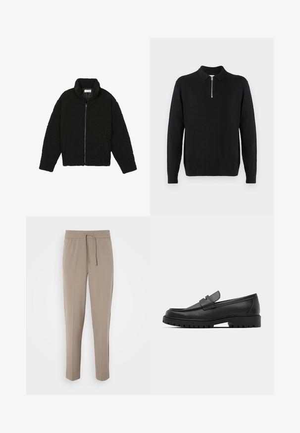 Black, fluffy, zip-up jacket made from textured fleece fabric. Features a high collar and side pockets. Rectangular body shape with long sleeves.; Black pullover sweater with a zippered collar, long sleeves, ribbed cuffs and hem, made of a soft, smooth fabric.; Light beige trousers with an elastic waistband, adjustable drawstring, and tapered legs. Fabric appears smooth with a slight sheen.; Black leather loafers with a rounded toe, featuring a stitched design, low platform sole, and a textured, lugged rubber outsole.