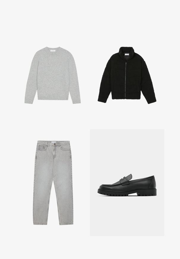 Sort, luftig, lynlåstrøje lavet af tekstureret fleece-stof. Har en høj krave og sidelommer. Rektangulær kropsform med lange ærmer.; Lys grå uldtrøje med rund hals, lange ærmer og ribbede manchetter og kant. Blød tekstur med et enkelt og minimalistisk design.; Lysegrå denimbukser med lige ben, fem lommer og knaplukning. Synlig syning langs sømmene.; Sorte læder loafers med rund tå, der har et syet design, lav platformssål og en struktureret, skridsikker gummisål.