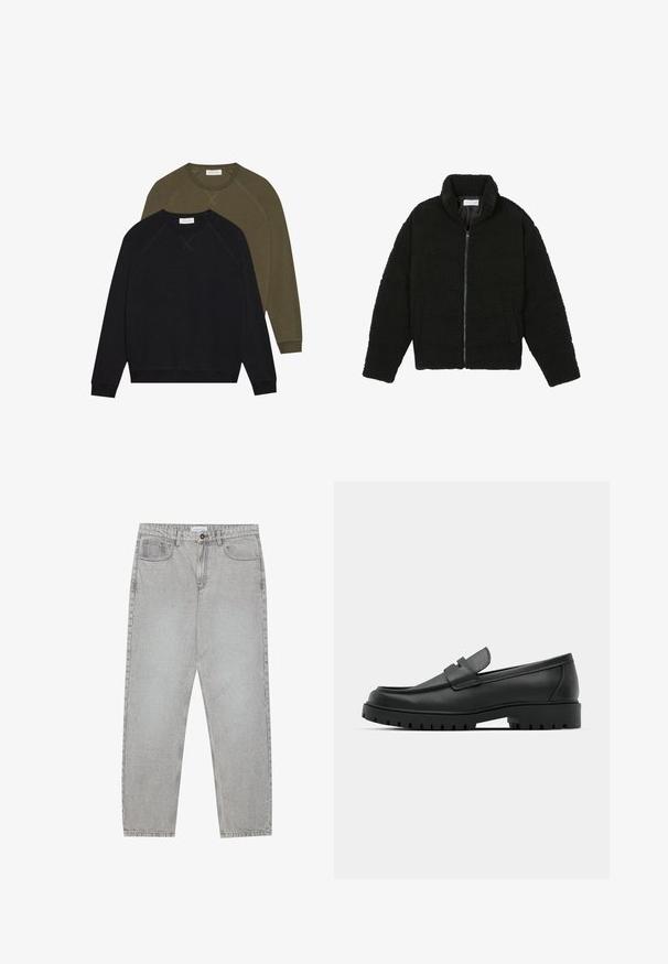 Svart, fluffig jacka med dragkedja gjord av texturerat fleecetyg. Har en hög krage och sidofickor. Rektangulär kroppssiluett med långa ärmar.; Två crewneck sweatshirts, en svart och en olivgrön, med raglanärmar och synlig sömnad. Mjuk tygkänsla, utan mönster.; Ljusgrå denimbyxor med rak benform, femficksdesign och knappstängning. Synliga sömmar längs sömmarna.; Svarta lädersneakers med rund tå, med en sydd design, låg plattformssula och en texturerad, mönstrad gummisula.