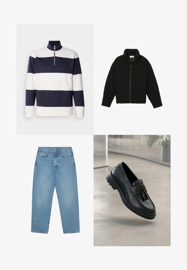 Pier One Fleecejas - black; Marineblauwe en witte gestreepte pullover met een hoge kraag en kwartrits. Zachte katoenen stof, voorzien van een geborduurd logo op de voorkant.; Pier One Wijde jeans - dark blue denim; Zwarte leren loafers met een gladde afwerking, decoratieve kwast, dikke rubberen zool en gestikte accenten. Lichtgewicht en strak ontwerp.