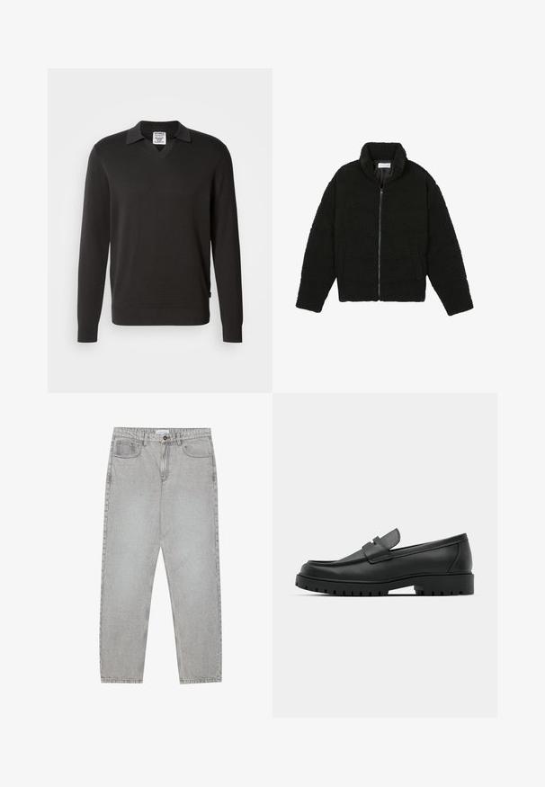 Črna, puhasta jakna z zadrgo, narejena iz teksturirane flis tkanine. Ima visok ovratnik in stranske žepe. Pravokotna oblika telesa z dolgimi rokavi.; Črna dolgoročna majica z dolgimi rokavi in V-izrezom ter ovratnikom. Narejena je iz gladkega pletenega materiala, ki vsebuje rebrovane manšete in obrobni detajl.; Svetlo sivi traper hlače s ravnim krojem, pet žepov in gumbom za zapiranje. Vidno šivanje ob šivih.; Črne usnjene loafers čevlje z zaobljenim nosom, ki imajo šivano zasnovo, nizko platformo in teksturiran, profiliran gumijast podplat.
