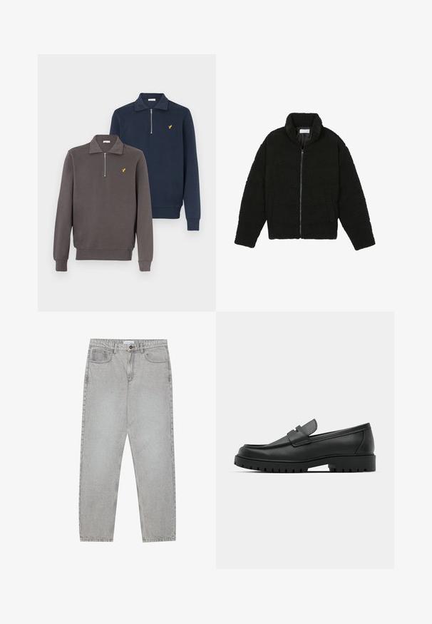 Crna, mekana jakna na patent izrađena od tkanine teksturiranog flisa. Ima visok ovratnik i bočne džepove. Pravokutnog je kroja s dugim rukavima.; Dva pulovera s četvrtastim patentnim zatvaračem u tamnosivoj i mornarsko plavoj boji. Oba imaju mekani materijal, duge rukave i mali žuti logo na prsima.; Svijetlosivi traper hlače s ravnim nogavicama, stilom s pet džepova i kopčanjem na gumb. Vidljivo šivenje duž šavova.; Crne kožne mokasine s zaobljenim vrhom, s ušivenim dizajnom, niskom platformom i teksturiranim, gumenim potplatom s izbočinama.