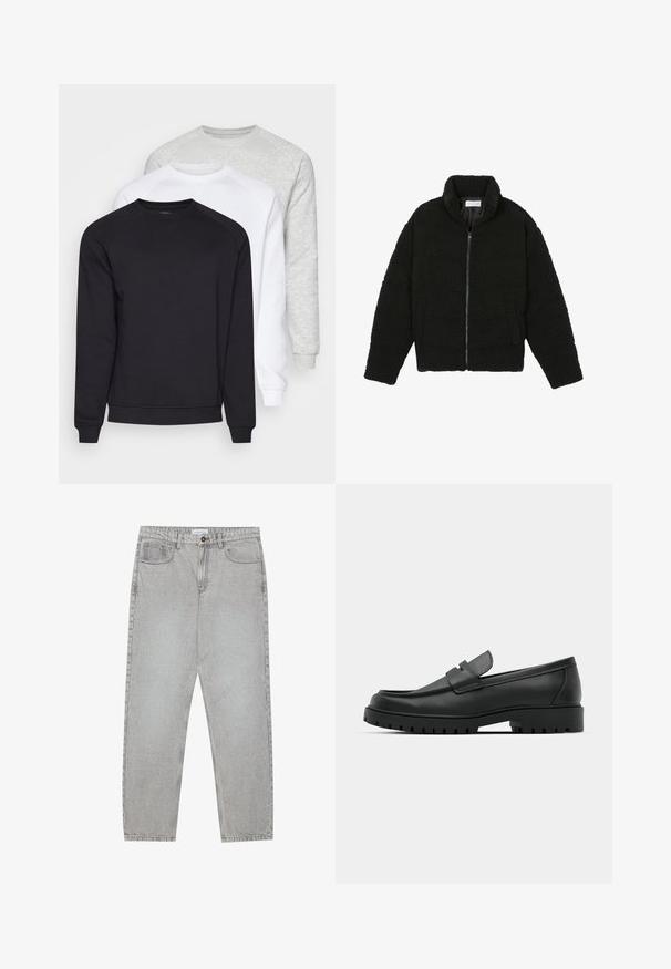 Musta, pörröinen vetoketjullinen takki, valmistettu teksturoidusta fleecemateriaalista. Siinä on korkea kaulus ja sivutaskut. Suorakaiteen muotoinen vartalo ja pitkät hihat.; Kolme crewneck-hupparia mustana, valkoisena ja vaaleanharmaana. Niissä on pitkät hihat, resorit sekä pehmeä, rakenteellinen kangas.; Vaaleanharmaat farkut, joissa on suora lahje, viisi taskua ja nappisulku. Saumojen varrella näkyvä ompelu.; Musta nahkaloafers, joissa on pyöreä kärki, ommeltu pinta, matala alusta ja kuvioitu, kuminen ulkopohja.