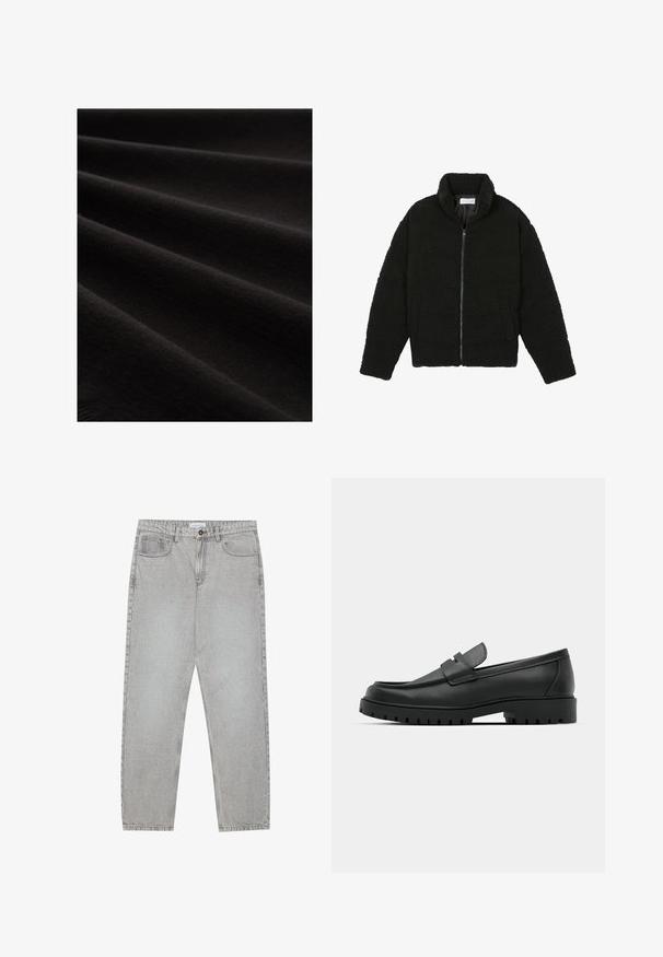 Černá, nadýchaná bunda na zip vyrobená z texturované fleecové látky. Má vysoký límec a boční kapsy. Obdélníkový tvar těla s dlouhými rukávy.; Černá tkanina s hladkou texturou, zobrazená ve skladech, vykazující jemný lesk a jemný pletený vzor, zdůrazňující její měkký vzhled.; Světlé šedé džíny s rovnými nohavicemi, pět kapsami a knoflíkovým zapínáním. Viditelné švy podél švů.; Černé kožené mokasíny s kulatou špičkou, zdobené prošitím, s nízkou platformou a texturovanou gumovou podrážkou s drážkováním.