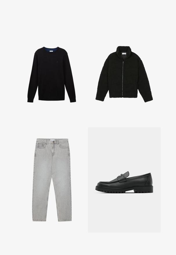 Black, fluffy, zip-up jacket made from textured fleece fabric. Features a high collar and side pockets. Rectangular body shape with long sleeves.; Black knitted sweater with long sleeves, ribbed collar, cuffs, and hem. Features a subtle logo on the chest and a blue interior neckline.; Light grey denim pants with a straight-leg design, five-pocket styling, and a button closure. Visible stitching along the seams.; Black leather loafers with a rounded toe, featuring a stitched design, low platform sole, and a textured, lugged rubber outsole.