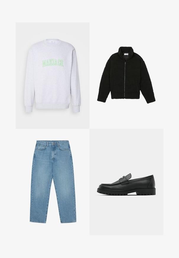 Giacca nera, soffice e con chiusura a zip, realizzata in tessuto in pile testurizzato. Presenta un collo alto e tasche laterali. Forma del corpo rettangolare con maniche lunghe.; Felpa grigia con scollo rotondo e maniche lunghe, caratterizzata da una scritta verde "MAKIA CO." sull"petto in un font audace. Texture morbida.; Jeans in denim azzurro chiaro con taglio a gamba dritta, design a cinque tasche e una texture leggermente slavata. Presentano una chiusura con bottone e zip.; Mocassini in pelle nera con punta rotonda, caratterizzati da un design cucito, suola piatta bassa e un battistrada in gomma testurizzata e scolpita.