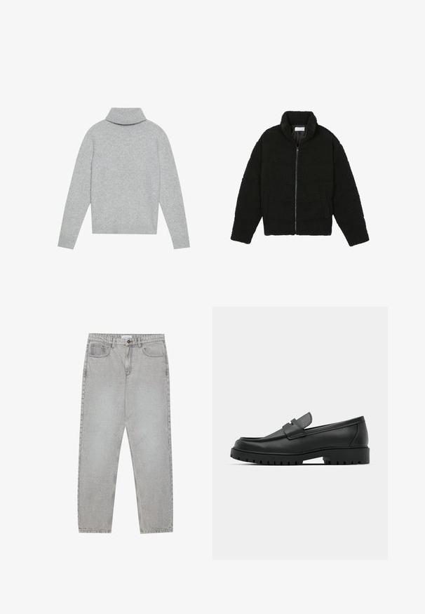 Sort, luftig, lynlåstrøje lavet af tekstureret fleece-stof. Har en høj krave og sidelommer. Rektangulær kropsform med lange ærmer.; Lys grå turtleneck sweater med ribbet krave og manchetter, fremstillet af blødt strikmateriale. Har en afslappet pasform og ensfarvet design.; Lysegrå denimbukser med lige ben, fem lommer og knaplukning. Synlig syning langs sømmene.; Sorte læder loafers med rund tå, der har et syet design, lav platformssål og en struktureret, skridsikker gummisål.
