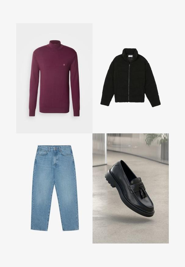 Schwarze, flauschige Jacke mit Reißverschluss aus strukturiertem Fleece-Stoff. Verfügt über einen hohen Kragen und Seitentaschen. Rechteckige Körperform mit langen Ärmeln.; Burgunderfarbener Rollkragenpullover aus weichem Stoff mit langen Ärmeln, gerippten Bündchen und einem kleinen Logo auf der Brust. Schlichtes und modernes Design.; Hellblaue Jeans aus Denim mit geradem Bein, Fünf-Taschen-Design und leicht verwaschener Textur. Mit Knopf- und Reißverschluss ausgestattet.; Schwarze Leder-Loafer mit glatter Oberfläche, dekorativem Quasten, dicker Gummisohle und abgesteppten Akzenten. Leichtes und schlankes Design.
