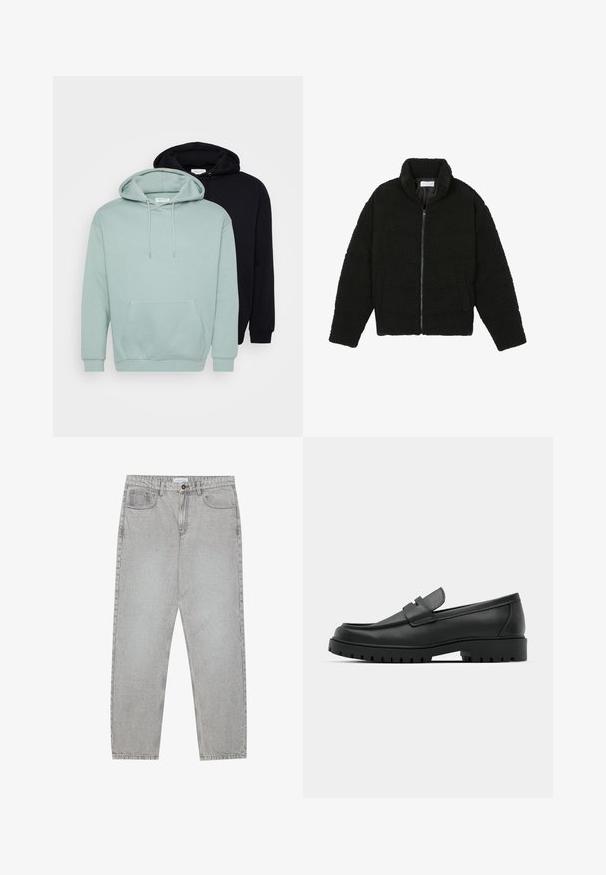 Zwarte, pluizige jas met ritssluiting gemaakt van gestructureerde fleece stof. Heeft een hoge kraag en zijzakken. Rechthoekige lichaamsvorm met lange mouwen.; Set van twee hoodies: één licht muntgroen, één zwart. Beide hebben verstelbare trekkoorden, een voorvak en ribgebreide manchetten en boord.; Lichtgrijze denimbroek met een recht model, vijfzakkenstijl en een knoopsluiting. Zichtbare stiksels langs de naden.; Zwarte leren instappers met een ronde neus, voorzien van een gestikt ontwerp, een lage platformzool en een gestructureerde, grof rubberen buitenzool.