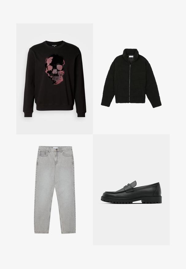 Μαύρο, αφράτο μπουφάν με φερμουάρ, κατασκευασμένο από υφασμάτινη υφή φλις. Διαθέτει ψηλό γιακά και πλαϊνές τσέπες. Ορθογώνιο σχήμα σώματος με μακριά μανίκια.; Μαύρη μπλούζα φούτερ με κεντρική γραφική παράσταση ενός κρανίου σε αποχρώσεις ροζ και μαύρου, με στρογγυλή λαιμόκοψη και ριμπ μανίκια.; Ανοιχτό γκρι τζιν παντελόνι με ίσια γραμμή, πέντε τσέπες και κλείσιμο με κουμπί. Ορατές ραφές κατά μήκος των ραφών.; Μαύρα δερμάτινα λουστρίνια με στρογγυλή μύτη, που διαθέτουν ραμμένο σχέδιο, χαμηλή πλατφόρμα και υφή με λαστιχένια σόλα με προεξοχές.