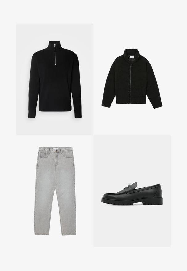 Črna, puhasta jakna z zadrgo, narejena iz teksturirane flis tkanine. Ima visok ovratnik in stranske žepe. Pravokotna oblika telesa z dolgimi rokavi.; Lindbergh HALF ZIP - Pulover - black; Svetlo sivi traper hlače s ravnim krojem, pet žepov in gumbom za zapiranje. Vidno šivanje ob šivih.; Črne usnjene loafers čevlje z zaobljenim nosom, ki imajo šivano zasnovo, nizko platformo in teksturiran, profiliran gumijast podplat.