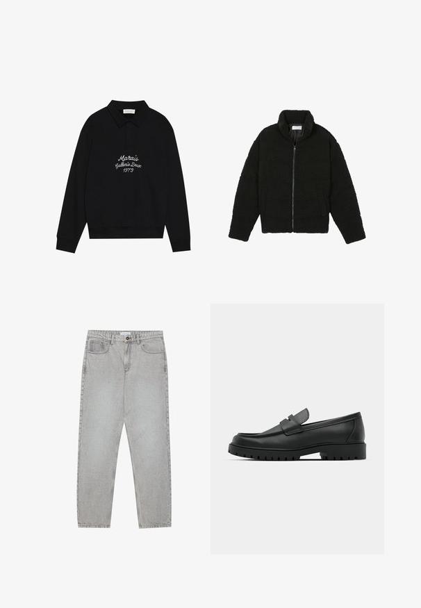 Black, fluffy, zip-up jacket made from textured fleece fabric. Features a high collar and side pockets. Rectangular body shape with long sleeves.; Black pullover sweatshirt with a polo collar, featuring white embroidery that reads "Marais Gallerie Deux 1973" across the chest.; Light grey denim pants with a straight-leg design, five-pocket styling, and a button closure. Visible stitching along the seams.; Black leather loafers with a rounded toe, featuring a stitched design, low platform sole, and a textured, lugged rubber outsole.