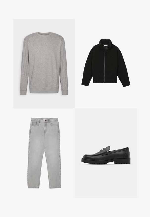 Schwarze, flauschige Jacke mit Reißverschluss aus strukturiertem Fleece-Stoff. Verfügt über einen hohen Kragen und Seitentaschen. Rechteckige Körperform mit langen Ärmeln.; Hellgrauer Sweatshirt mit langen Ärmeln, Rundhalsausschnitt, gerippten Bündchen und unterem Saum. Verfügt über ein dezentes Logo auf der oberen linken Brustseite.; Helle graue Jeanshose mit gerade geschnittenem Design, Fünf-Taschen-Stil und Knopfverschluss. Sichtbare Nähte entlang der Seitennähte.; Schwarze Lederloafer mit runder Zehenform, ausgestattet mit einem gesteppten Design, niedrigem Plattformsohle und einer strukturierten, genoppten Gummisohle.