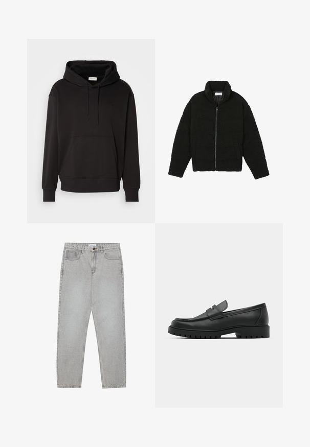 Musta, pörröinen vetoketjullinen takki, valmistettu teksturoidusta fleecemateriaalista. Siinä on korkea kaulus ja sivutaskut. Suorakaiteen muotoinen vartalo ja pitkät hihat.; Musta huppari, joka on valmistettu pehmeästä puuvillasekoitteesta, jossa on kengurupocket, säädettävä naru ja ribbikudottu hihansuu ja helma. Edessä brodeerattu logo.; Vaaleanharmaat farkut, joissa on suora lahje, viisi taskua ja nappisulku. Saumojen varrella näkyvä ompelu.; Musta nahkaloafers, joissa on pyöreä kärki, ommeltu pinta, matala alusta ja kuvioitu, kuminen ulkopohja.