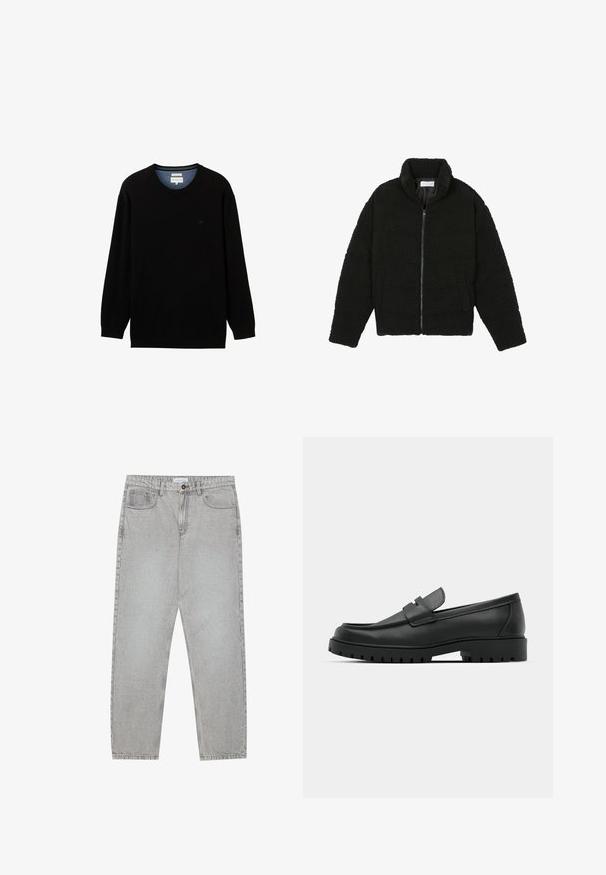 Melnā, pūkaina pārvelkama jaka no teksturēta flīsa auduma. Aprīkota ar augstu apkakli un sānu kabatām. Taisnstūra formas ķermenis ar garām piedurknēm.; Melna garo piedurkņu džemperis, kas izgatavots no ribota materiāla, ar apaļu kakla izgriezumu. Satur diskrētu logo uz krūtīm un kontrastējošu iekšējo apkakli.; Gai pelēko džinsu bikses ar taisnajām kājām, piecu kabatu stilu un pogu aizdari. Redzama šuvju apstrāde gar šuvēm.; Melnas ādas loafers ar noapaļotu purngalu, ar izšūtu dizainu, zemu platformas zoli un teksturētu, rievotu gumijas ārējo zoli.