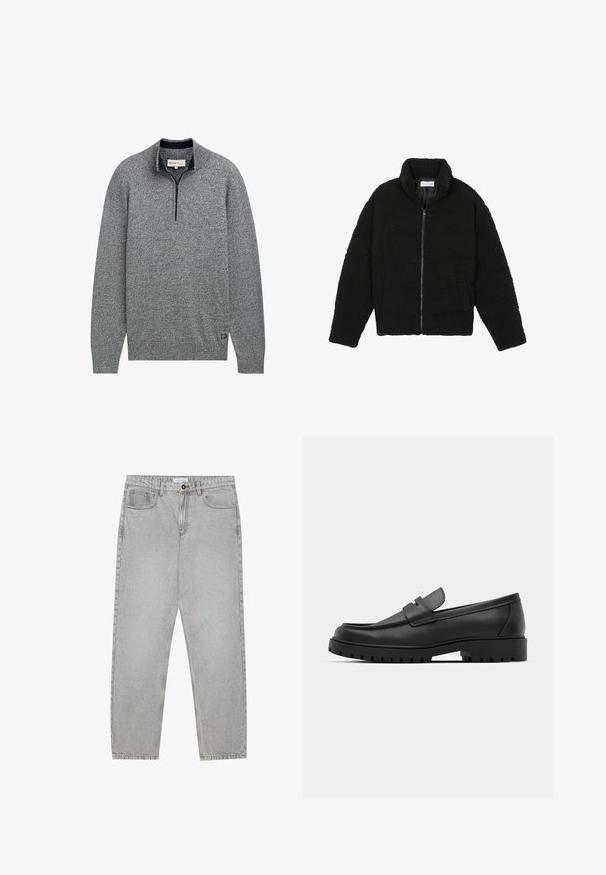 Schwarze, flauschige Jacke mit Reißverschluss aus strukturiertem Fleece-Stoff. Verfügt über einen hohen Kragen und Seitentaschen. Rechteckige Körperform mit langen Ärmeln.; Grauer Pullover mit Reißverschlusskragen, der ein strukturiertes Strickmuster aufweist und einen blauen Akzent am Saum mit einem Logodetail hat.; Helle graue Jeanshose mit gerade geschnittenem Design, Fünf-Taschen-Stil und Knopfverschluss. Sichtbare Nähte entlang der Seitennähte.; Schwarze Lederloafer mit runder Zehenform, ausgestattet mit einem gesteppten Design, niedrigem Plattformsohle und einer strukturierten, genoppten Gummisohle.