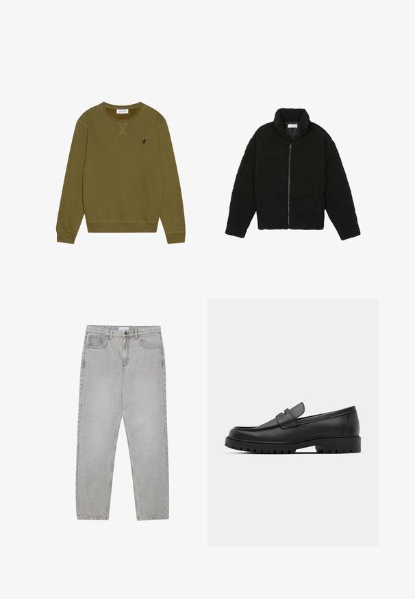 Zwarte, pluizige jas met ritssluiting gemaakt van gestructureerde fleece stof. Heeft een hoge kraag en zijzakken. Rechthoekige lichaamsvorm met lange mouwen.; Pier One Sweater - khaki; Lichtgrijze denimbroek met een recht model, vijfzakkenstijl en een knoopsluiting. Zichtbare stiksels langs de naden.; Zwarte leren instappers met een ronde neus, voorzien van een gestikt ontwerp, een lage platformzool en een gestructureerde, grof rubberen buitenzool.