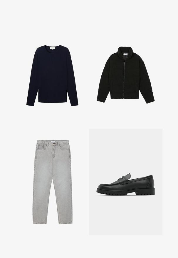 Casaco preto, fofo, com fecho e confeccionado em tecido de lã texturizada. Apresenta gola alta e bolsos laterais. Forma retangular no corpo com mangas compridas.; Suéter de manga longa azul marinho feito de um tecido texturizado, com decote redondo e bainha reta. Marca discreta perto da bainha.; Calças de ganga cinza claro com um design de perna reta, estilo de cinco bolsos e fecho com botão. Costura visível ao longo das costuras.; Sapatilhas de couro preto com bico arredondado, apresentando um design cosido, sola de plataforma baixa e um solado de borracha texturizado e com cravos.