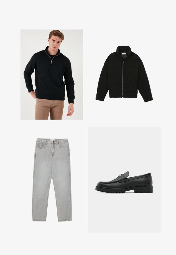 Czarna, puszysta kurtka zapinana na zamek, wykonana z teksturowanego polaru. Posiada wysoki kołnierz i boczne kieszenie. Prostokątny kształt sylwetki z długimi rękawami.; Czarna bluza z zamkiem na wysokości szyi, długimi rękawami i luźnym krojem. Wykonana z miękkiego materiału z ściągaczami przy mankietach i u dołu.; Jasnoszare dżinsy o prostym kroju nogawki, z pięcioma kieszeniami i zapięciem na guzik. Widoczne szwy wzdłuż szwów.; Czarne skórzane mokasyny z zaokrąglonym noskiem, posiadające przeszywany wzór, niską platformę oraz teksturowaną, gumową podeszwę z bieżnikiem.