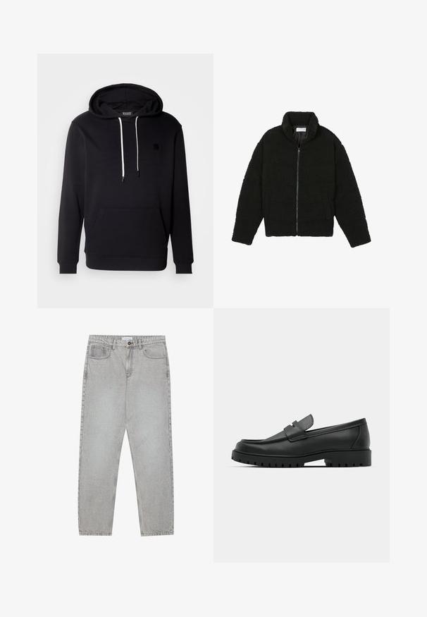 Črna, puhasta jakna z zadrgo, narejena iz teksturirane flis tkanine. Ima visok ovratnik in stranske žepe. Pravokotna oblika telesa z dolgimi rokavi.; Črna kapuca iz mehkega materiala s sprednjim žepom v obliki kenguruja, kapuco s vrvico in majhnim črnim logotipom na prsih.; Svetlo sivi traper hlače s ravnim krojem, pet žepov in gumbom za zapiranje. Vidno šivanje ob šivih.; Črne usnjene loafers čevlje z zaobljenim nosom, ki imajo šivano zasnovo, nizko platformo in teksturiran, profiliran gumijast podplat.