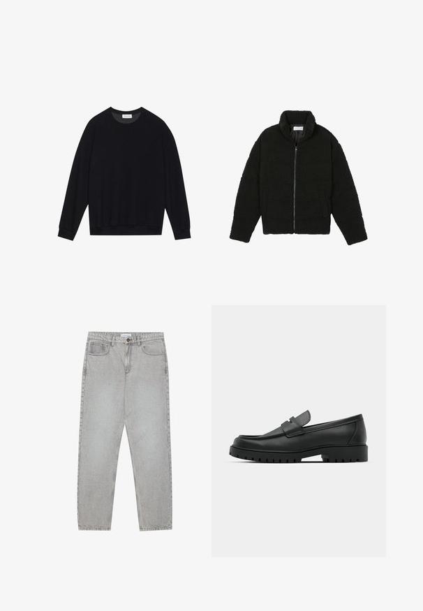 Giacca nera, soffice e con chiusura a zip, realizzata in tessuto in pile testurizzato. Presenta un collo alto e tasche laterali. Forma del corpo rettangolare con maniche lunghe.; Felpa nera con collo rotondo in tessuto texturizzato, maniche lunghe e polsini e orlo a costine. Design semplice senza ulteriori motivi o accenti.; Pantaloni in denim grigio chiaro con design a gamba dritta, stile a cinque tasche e chiusura con bottone. Cuciture visibili lungo le cuciture.; Mocassini in pelle nera con punta rotonda, caratterizzati da un design cucito, suola piatta bassa e un battistrada in gomma testurizzata e scolpita.