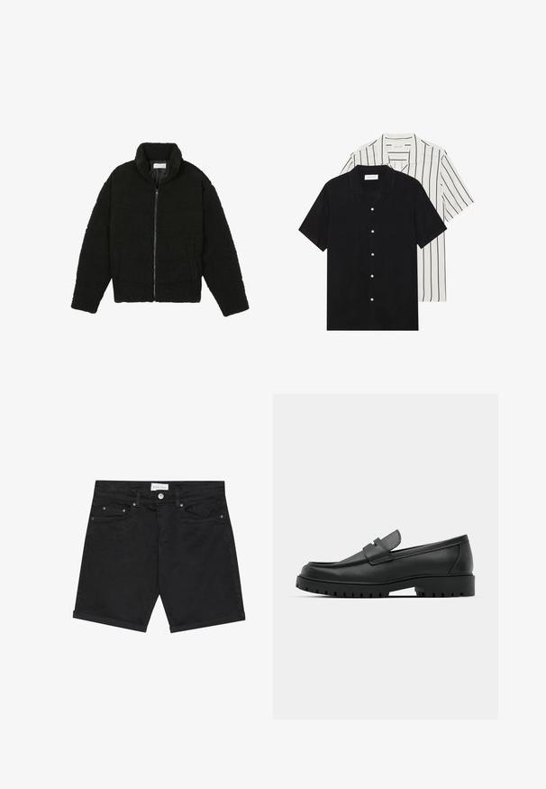 Černá, nadýchaná bunda na zip vyrobená z texturované fleecové látky. Má vysoký límec a boční kapsy. Obdélníkový tvar těla s dlouhými rukávy.; Dvě košile s krátkým rukávem: jedna jednobarevná černá, druhá bílá s černými vertikálními pruhy. Obě mají zapínání na knoflíky a klasický límeček.; Černé denimové kraťasy s klasickým střihem, nabízející zapínání na knoflík, pět kapes a ohrnuté lemy. Hladká textura s jemnými vzorovými detaily.; Černé kožené mokasíny s kulatou špičkou, zdobené prošitím, s nízkou platformou a texturovanou gumovou podrážkou s drážkováním.