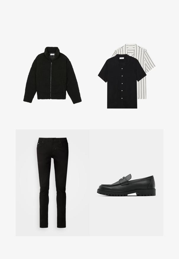 Giacca nera, soffice e con chiusura a zip, realizzata in tessuto in pile testurizzato. Presenta un collo alto e tasche laterali. Forma del corpo rettangolare con maniche lunghe.; Due camicie a manica corta: una nera uniforme, l'altra bianca con strisce verticali nere. Entrambe presentano chiusure a bottoni e un colletto classico.; Jeans in denim nero con un design slim fit, dotati di tasche frontali, passanti per cintura e una leggera elasticità nel tessuto per garantire comfort.; Mocassini in pelle nera con punta rotonda, caratterizzati da un design cucito, suola piatta bassa e un battistrada in gomma testurizzata e scolpita.