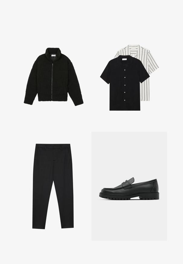 Melnā, pūkaina pārvelkama jaka no teksturēta flīsa auduma. Aprīkota ar augstu apkakli un sānu kabatām. Taisnstūra formas ķermenis ar garām piedurknēm.; Divi īsām piedurknēm krekli: viens pilnīgi melns, otrs balts ar melnām vertikālām svītrām. Abi ir aprīkoti ar pogu aizdari un klasisko apkakli.; Pier One Chinos tipa bikses - black; Melnas ādas loafers ar noapaļotu purngalu, ar izšūtu dizainu, zemu platformas zoli un teksturētu, rievotu gumijas ārējo zoli.