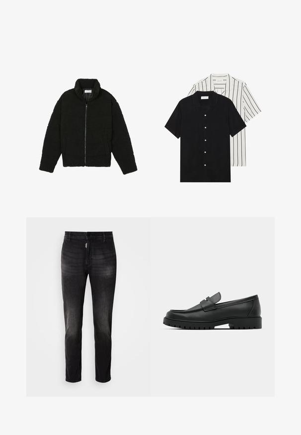 Czarna, puszysta kurtka zapinana na zamek, wykonana z teksturowanego polaru. Posiada wysoki kołnierz i boczne kieszenie. Prostokątny kształt sylwetki z długimi rękawami.; Dwie koszule z krótkim rękawem: jedna w solidnej czerni, druga biała w czarne pionowe paski. Obie mają zapięcie na guziki i klasyczny kołnierzyk.; Czarne dżinsy o prostym kroju, wyposażone w guzikowy rozporek, pięć kieszeni oraz delikatne wyblaknięcia w strukturze materiału.; Czarne skórzane mokasyny z zaokrąglonym noskiem, posiadające przeszywany wzór, niską platformę oraz teksturowaną, gumową podeszwę z bieżnikiem.