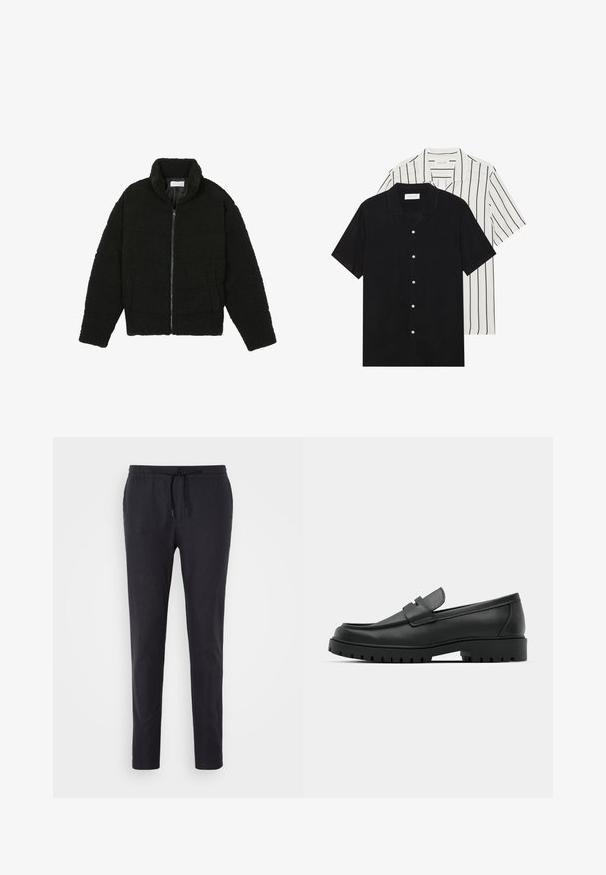 Veste noire duveteuse avec fermeture éclair, fabriquée en tissu polaire texturé. Comprend un col montant et des poches latérales. Forme rectangulaire du corps avec manches longues.; Deux chemises à manches courtes : l'une noire unie, l'autre blanche avec des rayures verticales noires. Les deux ont des boutons et un col classique.; Pantalon de jogging léger noir avec une taille à cordon de serrage ajustable, design à jambes fuselées et texture lisse. Pas de poches visibles ni de motifs.; Mocassins en cuir noir à bout arrondi, avec un design cousu, une semelle plateforme basse et une semelle en caoutchouc texturée et crantée.