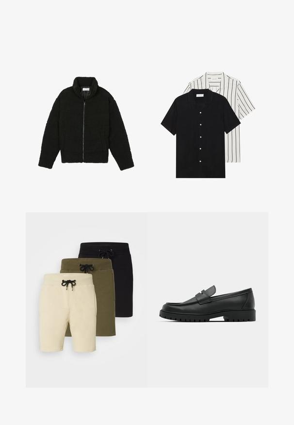 Musta, pörröinen vetoketjullinen takki, valmistettu teksturoidusta fleecemateriaalista. Siinä on korkea kaulus ja sivutaskut. Suorakaiteen muotoinen vartalo ja pitkät hihat.; Kaksi lyhythihaista puseroa: yksi yhtenäinen musta, toinen valkoinen mustilla pystyraitoilla. Molemmissa on napitus ja klassinen kaulus.; Kolme paria shortseja vaaleanruskeana, oliivinvihreänä ja mustana. Jokaisessa on kiristysnauha vyötäröllä ja taskut, ja ne on valmistettu pehmeästä, venyvästä kankaasta.; Musta nahkaloafers, joissa on pyöreä kärki, ommeltu pinta, matala alusta ja kuvioitu, kuminen ulkopohja.