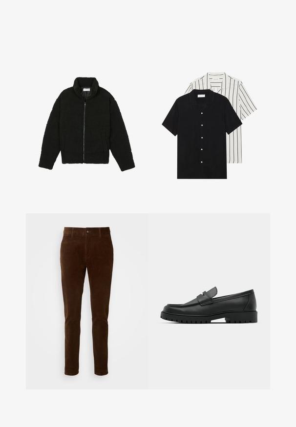 Črna, puhasta jakna z zadrgo, narejena iz teksturirane flis tkanine. Ima visok ovratnik in stranske žepe. Pravokotna oblika telesa z dolgimi rokavi.; Dve majice s kratkimi rokavi: ena enobarvna črna, druga bela z črnimi navpičnimi črtami. Obe imata gumbaste zapenke in klasičen ovratnik.; Rjave kordurojske hlače z naravnim krojem, ki imajo gumbasto zapiranje in subtilno navpično rebrasto teksturo.; Črne usnjene loafers čevlje z zaobljenim nosom, ki imajo šivano zasnovo, nizko platformo in teksturiran, profiliran gumijast podplat.