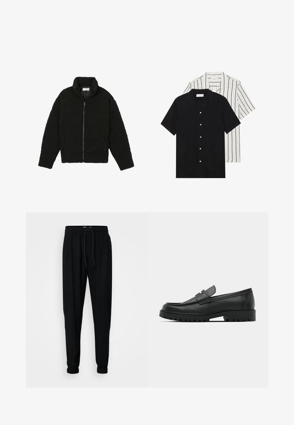 Černá, nadýchaná bunda na zip vyrobená z texturované fleecové látky. Má vysoký límec a boční kapsy. Obdélníkový tvar těla s dlouhými rukávy.; Dvě košile s krátkým rukávem: jedna jednobarevná černá, druhá bílá s černými vertikálními pruhy. Obě mají zapínání na knoflíky a klasický límeček.; Černé joggingové kalhoty vyrobené z měkké tkaniny, se strečovým pasem, šňůrkou a elastickými manžetami na kotnících pro zúžený střih.; Černé kožené mokasíny s kulatou špičkou, zdobené prošitím, s nízkou platformou a texturovanou gumovou podrážkou s drážkováním.