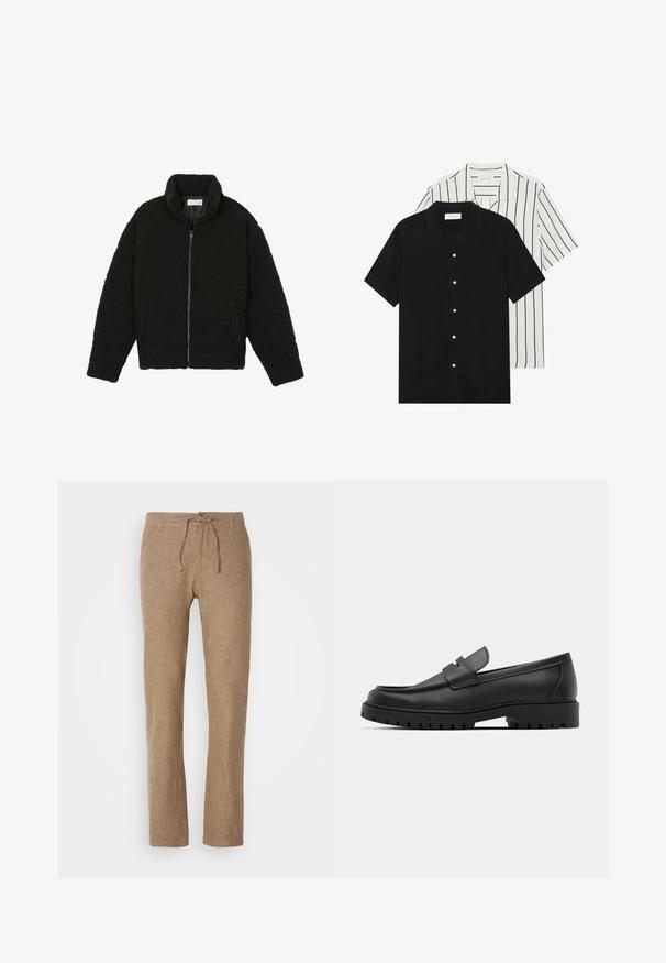 Melnā, pūkaina pārvelkama jaka no teksturēta flīsa auduma. Aprīkota ar augstu apkakli un sānu kabatām. Taisnstūra formas ķermenis ar garām piedurknēm.; Divi īsām piedurknēm krekli: viens pilnīgi melns, otrs balts ar melnām vertikālām svītrām. Abi ir aprīkoti ar pogu aizdari un klasisko apkakli.; Linen bikses gaiši brūnā krāsā ar aukliņu jostasvietā, taisna kāja un teksturēta auduma. Bez kabatām vai citiem apdares elementiem.; Melnas ādas loafers ar noapaļotu purngalu, ar izšūtu dizainu, zemu platformas zoli un teksturētu, rievotu gumijas ārējo zoli.