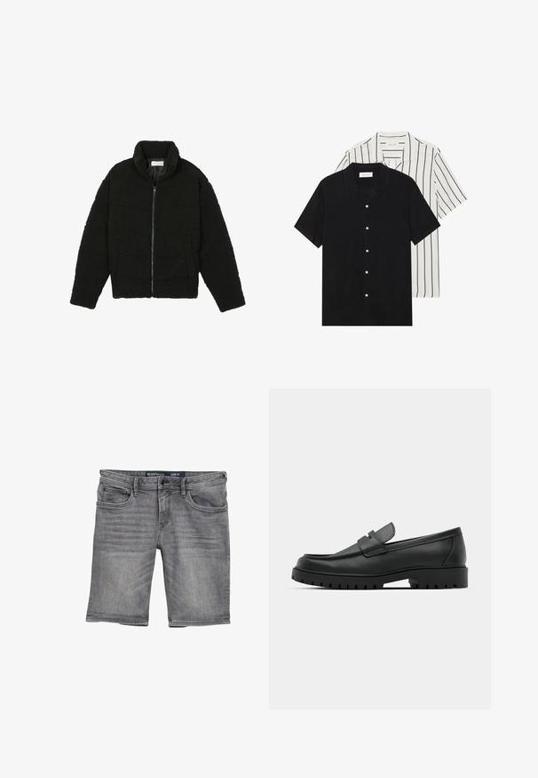 Zwarte, pluizige jas met ritssluiting gemaakt van gestructureerde fleece stof. Heeft een hoge kraag en zijzakken. Rechthoekige lichaamsvorm met lange mouwen.; Twee shirts met korte mouwen: één effen zwart, één wit met zwarte verticale strepen. Beide hebben knoopsluitingen en een klassieke kraag.; Grijze denim shorts met een rechte snit, voorzien van vijf zakken, een knoop- en ritssluiting, en lichte vervaging op de stof. Maat M.; Zwarte leren instappers met een ronde neus, voorzien van een gestikt ontwerp, een lage platformzool en een gestructureerde, grof rubberen buitenzool.
