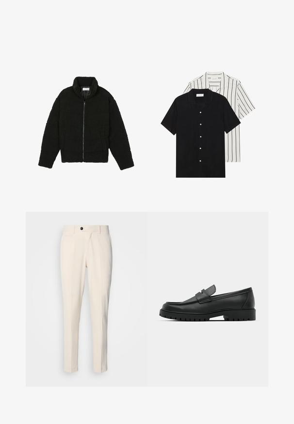 Casaco preto, fofo, com fecho e confeccionado em tecido de lã texturizada. Apresenta gola alta e bolsos laterais. Forma retangular no corpo com mangas compridas.; Duas camisas de manga curta: uma preta sólida e uma branca com riscas verticais pretas. Ambas possuem fecho de botões e um colarinho clássico.; Calças elegantes bege com frente lisa, fecho de botão único e dois bolsos laterais angulados. Tecido liso com um corte slim e perna afunilada.; Sapatilhas de couro preto com bico arredondado, apresentando um design cosido, sola de plataforma baixa e um solado de borracha texturizado e com cravos.