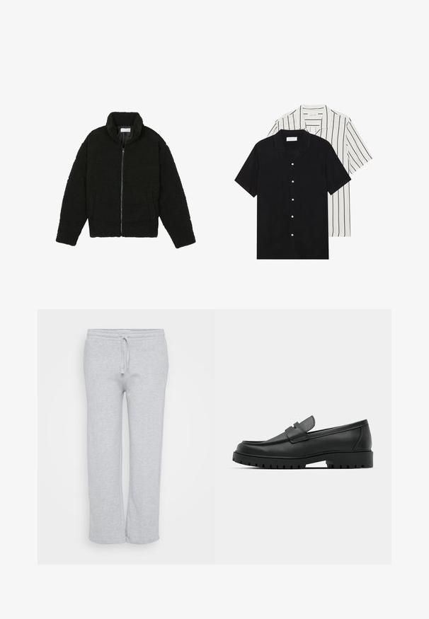 Black, fluffy, zip-up jacket made from textured fleece fabric. Features a high collar and side pockets. Rectangular body shape with long sleeves.; Two short-sleeve shirts: one solid black, one white with black vertical stripes. Both feature button closures and a classic collar.; Light gray sweatpants made of soft fabric, featuring an elastic waistband with a drawstring, straight-leg design, and side pockets.; Black leather loafers with a rounded toe, featuring a stitched design, low platform sole, and a textured, lugged rubber outsole.