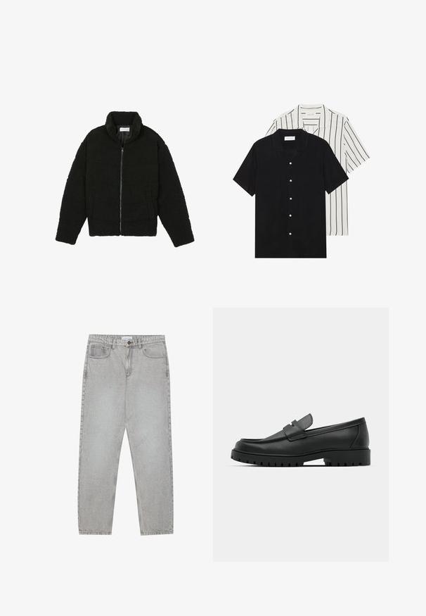 Černá, nadýchaná bunda na zip vyrobená z texturované fleecové látky. Má vysoký límec a boční kapsy. Obdélníkový tvar těla s dlouhými rukávy.; Dvě košile s krátkým rukávem: jedna jednobarevná černá, druhá bílá s černými vertikálními pruhy. Obě mají zapínání na knoflíky a klasický límeček.; Světlé šedé džíny s rovnými nohavicemi, pět kapsami a knoflíkovým zapínáním. Viditelné švy podél švů.; Černé kožené mokasíny s kulatou špičkou, zdobené prošitím, s nízkou platformou a texturovanou gumovou podrážkou s drážkováním.
