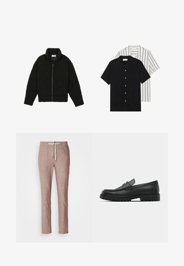Veste noire duveteuse avec fermeture éclair, fabriquée en tissu polaire texturé. Comprend un col montant et des poches latérales. Forme rectangulaire du corps avec manches longues.; Deux chemises à manches courtes : l'une noire unie, l'autre blanche avec des rayures verticales noires. Les deux ont des boutons et un col classique.; Pantalons en lin marron clair avec taille à cordon, coupe droite et surface légèrement texturée. Pas de poches supplémentaires ni de décorations.; Mocassins en cuir noir à bout arrondi, avec un design cousu, une semelle plateforme basse et une semelle en caoutchouc texturée et crantée.