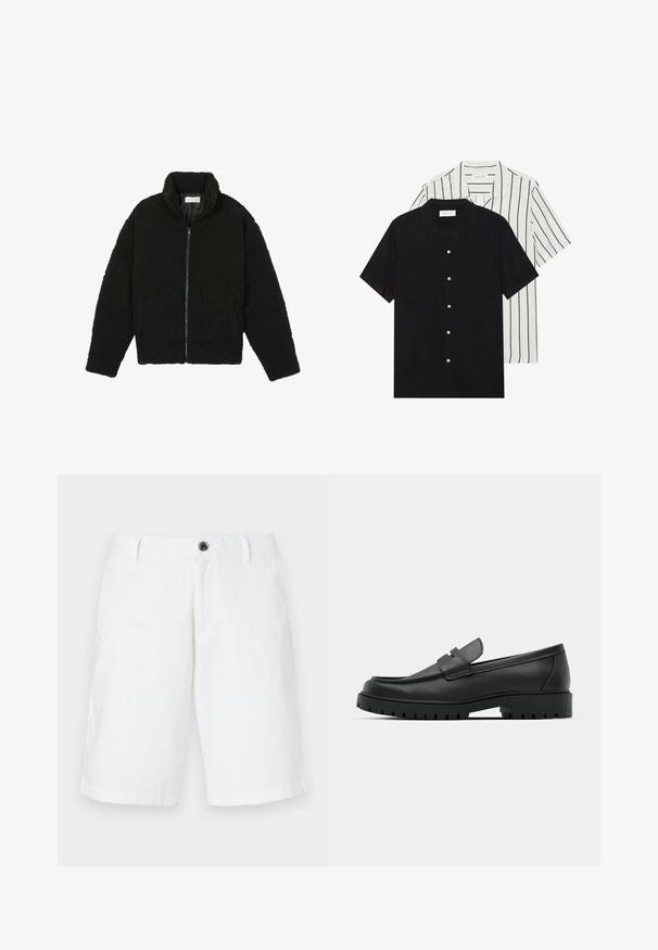 Pier One Jachetă din fleece - black; Două cămăși cu mânecă scurtă: una complet neagră, iar cealaltă albă cu dungi verticale negre. Ambele au închidere cu nasturi și un guler clasic.; Pantaloni scurți albi din in, cu o croială relaxată, prezentând o închidere cu un buton, bucle pentru centură și buzunare laterale. Textură netedă și tiv drept.; Mocasini din piele neagră cu vârful rotunjit, având un design cusut, talpă joasă și o talpă din cauciuc texturat, cu crampoane.