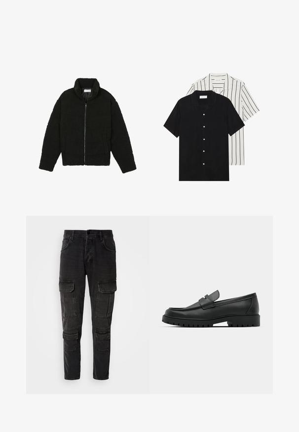 Veste noire duveteuse avec fermeture éclair, fabriquée en tissu polaire texturé. Comprend un col montant et des poches latérales. Forme rectangulaire du corps avec manches longues.; Deux chemises à manches courtes : l'une noire unie, l'autre blanche avec des rayures verticales noires. Les deux ont des boutons et un col classique.; Pantalon cargo noir avec plusieurs poches latérales, jambes fuselées et texture en denim durable. Fermé par un bouton et une fermeture éclair.; Mocassins en cuir noir à bout arrondi, avec un design cousu, une semelle plateforme basse et une semelle en caoutchouc texturée et crantée.