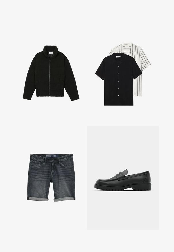 Juoda, pūkuota striukė su užtrauktuku, pagaminta iš tekstūruotos fliso medžiagos. Turi aukštą apykaklę ir šonines kišenes. Stačiakampio formos kūnas su ilgomis rankovėmis.; Du šortais rankovėmis marškiniai: vieni visiškai juodi, kiti balti su juodomis vertikaliomis juostelėmis. Abu turi mygtukų užsegimus ir klasikinį apykaklę.; Tamsiai pilkos džinsinės šortai, pasižymintys klasikinio dizaino penkiomis kišenėmis ir suklotais malūnais. Pagaminti iš medvilnės medžiagos, minkšta tekstūra. Dydis M.; Juodi odiniai loaferiai su apvalia nosimi, su siuvinėtu dizainu, žemu platformos padu ir tekstūruotu, sukibimo raštu padu.