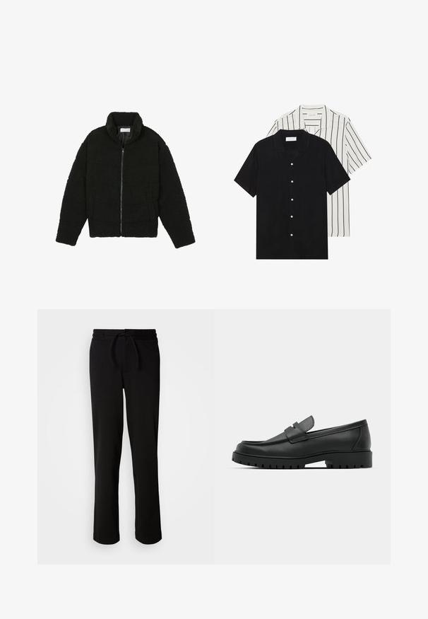 Black, fluffy, zip-up jacket made from textured fleece fabric. Features a high collar and side pockets. Rectangular body shape with long sleeves.; Two short-sleeve shirts: one solid black, one white with black vertical stripes. Both feature button closures and a classic collar.; Black sweatpants with a drawstring waistband, made from soft, stretchy fabric. Features a relaxed fit with straight legs and no visible pockets.; Black leather loafers with a rounded toe, featuring a stitched design, low platform sole, and a textured, lugged rubber outsole.