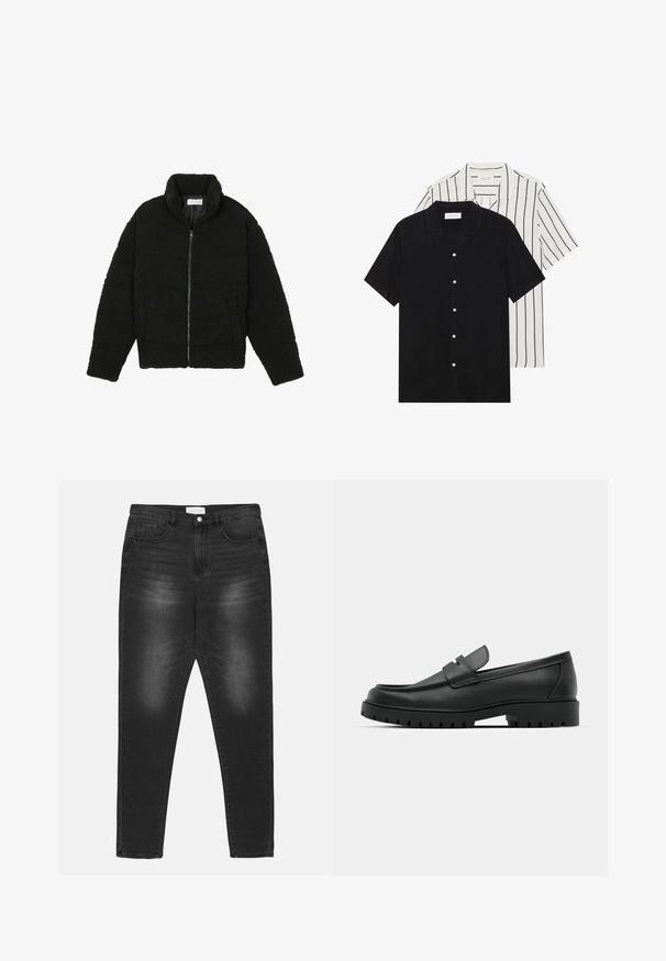Jachetă neagră, pufoasă, cu fermoar, fabricată din material fleece texturat. Are un guler înalt și buzunare laterale. Formă dreptunghiulară a corpului cu mâneci lungi.; Două cămăși cu mânecă scurtă: una complet neagră, iar cealaltă albă cu dungi verticale negre. Ambele au închidere cu nasturi și un guler clasic.; Jeans din denim negru cu un finisaj uzat, talie înaltă, design cu cinci buzunare și accesorii din metal argintiu. Croi drept cu detalii de cusături în contrast.; Mocasini din piele neagră cu vârful rotunjit, având un design cusut, talpă joasă și o talpă din cauciuc texturat, cu crampoane.