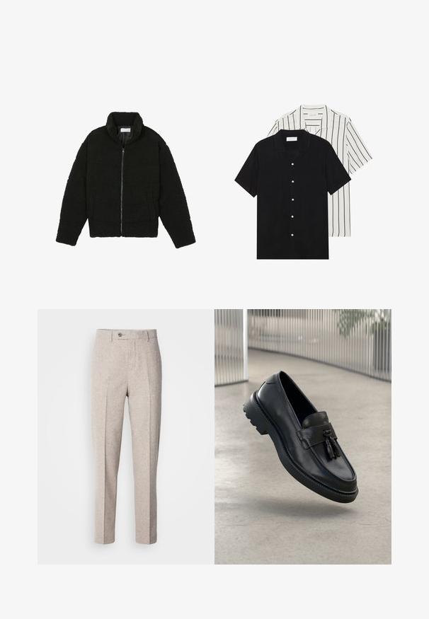 Črna, puhasta jakna z zadrgo, narejena iz teksturirane flis tkanine. Ima visok ovratnik in stranske žepe. Pravokotna oblika telesa z dolgimi rokavi.; Dve majice s kratkimi rokavi: ena enobarvna črna, druga bela z črnimi navpičnimi črtami. Obe imata gumbaste zapenke in klasičen ovratnik.; Svetlobrauni volneni hlače z gladko teksturo, ravnim krojem, sprednjimi gubami in z enim šivom za zapiranje v pasu.; Črni usnjeni mokasini z gladkim zaključkom, dekorativnimi cofki, debelim gumijastim podplatom in všitimi poudarki. Lahka in elegantna zasnova.