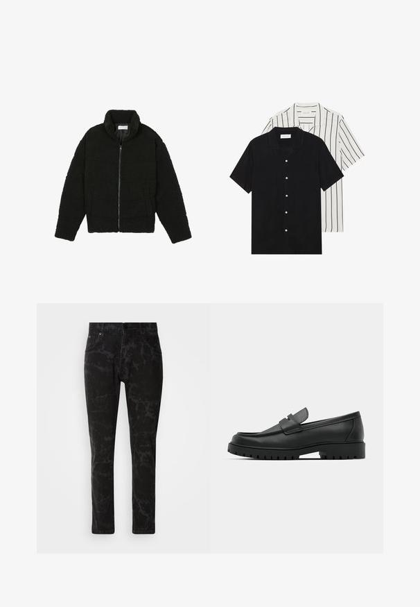 Casaco preto, fofo, com fecho e confeccionado em tecido de lã texturizada. Apresenta gola alta e bolsos laterais. Forma retangular no corpo com mangas compridas.; Duas camisas de manga curta: uma preta sólida e uma branca com riscas verticais pretas. Ambas possuem fecho de botões e um colarinho clássico.; Jeans de ganga pretos com um padrão marmoreado, design de perna reta, estilo de cinco bolsos e fecho de botão na cintura.; Sapatilhas de couro preto com bico arredondado, apresentando um design cosido, sola de plataforma baixa e um solado de borracha texturizado e com cravos.