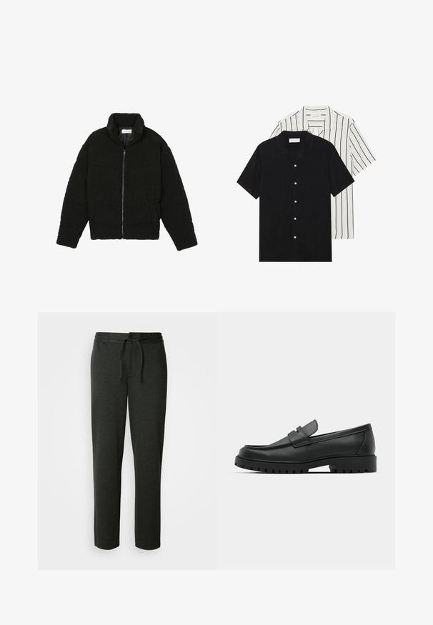Black, fluffy, zip-up jacket made from textured fleece fabric. Features a high collar and side pockets. Rectangular body shape with long sleeves.; Two short-sleeve shirts: one solid black, one white with black vertical stripes. Both feature button closures and a classic collar.; Dark grey sweatpants made of soft cotton blend. Features elastic waistband with drawstring and side pockets. Straight-leg design.; Black leather loafers with a rounded toe, featuring a stitched design, low platform sole, and a textured, lugged rubber outsole.
