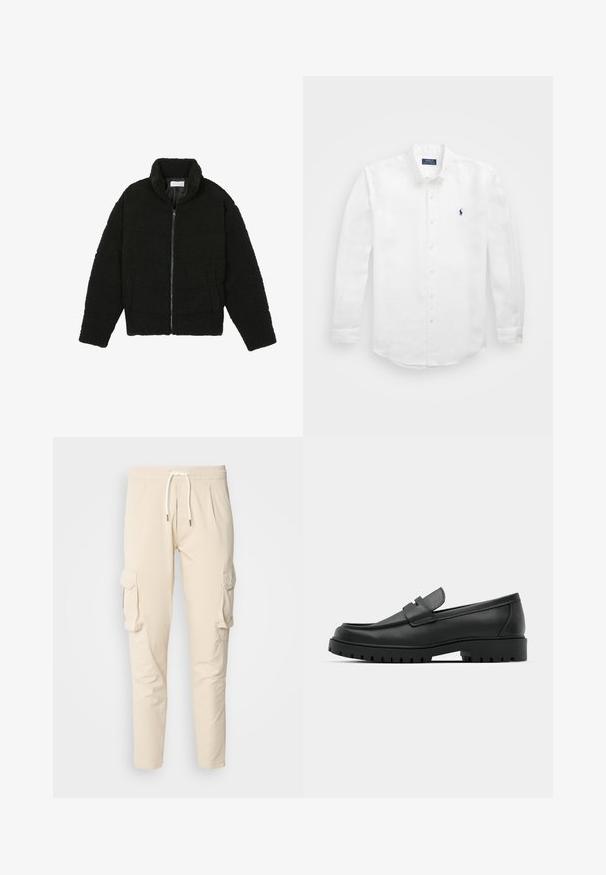 Fekete, bolyhos, cipzáras kabát texturált fleece anyagból. Magas gallérral és oldalzsebekkel rendelkezik. Téglalap alakú test és hosszú ujjak.; Fehér, hosszú ujjú pamut ing, gombos gallérral, bal mellen egy kis tengerészkék logóval és klasszikus gombos záródással.; bézs színű cargo nadrág, elasztikus derékkal és fűzővel. Két oldalsó cargo zsebbel és szűkített lábszárral rendelkezik. Sima tapintású.; Fekete bőr loafer cipők kerek orral, varrott mintázattal, alacsony platformtalpú és texturált, barázdált gumitalppal.