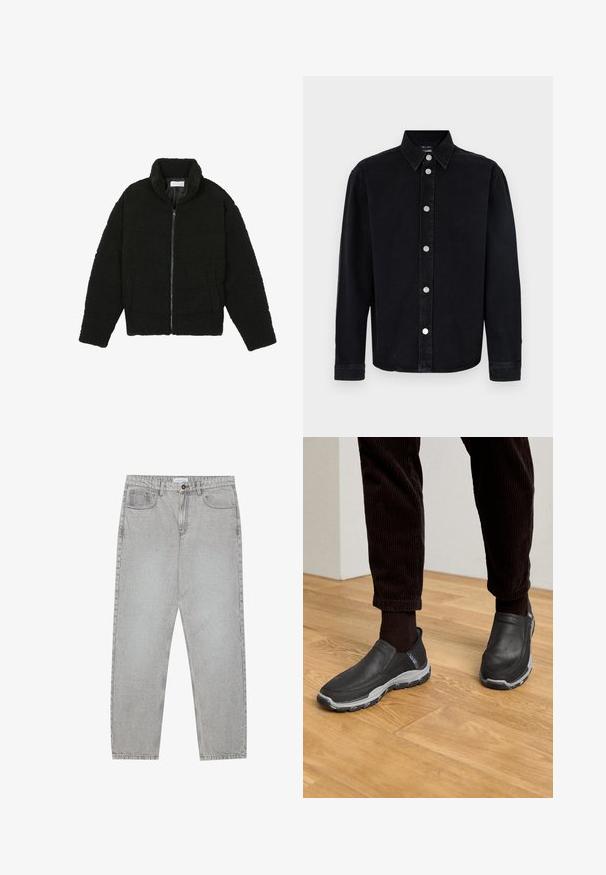 Černá, nadýchaná bunda na zip vyrobená z texturované fleecové látky. Má vysoký límec a boční kapsy. Obdélníkový tvar těla s dlouhými rukávy.; Černá džínová košile s dlouhými rukávy, límcem na knoflíky a stříbrnými doplňky. Disponuje rovnostřihovým střihem a hladkou texturou.; Světlé šedé džíny s rovnými nohavicemi, pět kapsami a knoflíkovým zapínáním. Viditelné švy podél švů.; Černé nazouvací boty s texturovaným koženým svrškem a šedou gumovou podrážkou, umístěné na dřevěné podlaze a s kordovým kalhotami.
